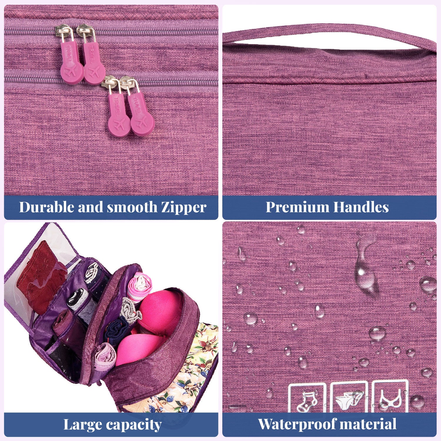 Portable Underwear Bra Storage Bag Waterproof Travel Toiletry Organizer,Purple